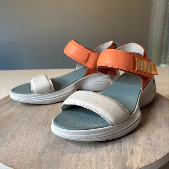 Sorel Shoes - Sorel Explorer Blitz White Apricot Blue Leather Platform Sandals Women's Sz 11